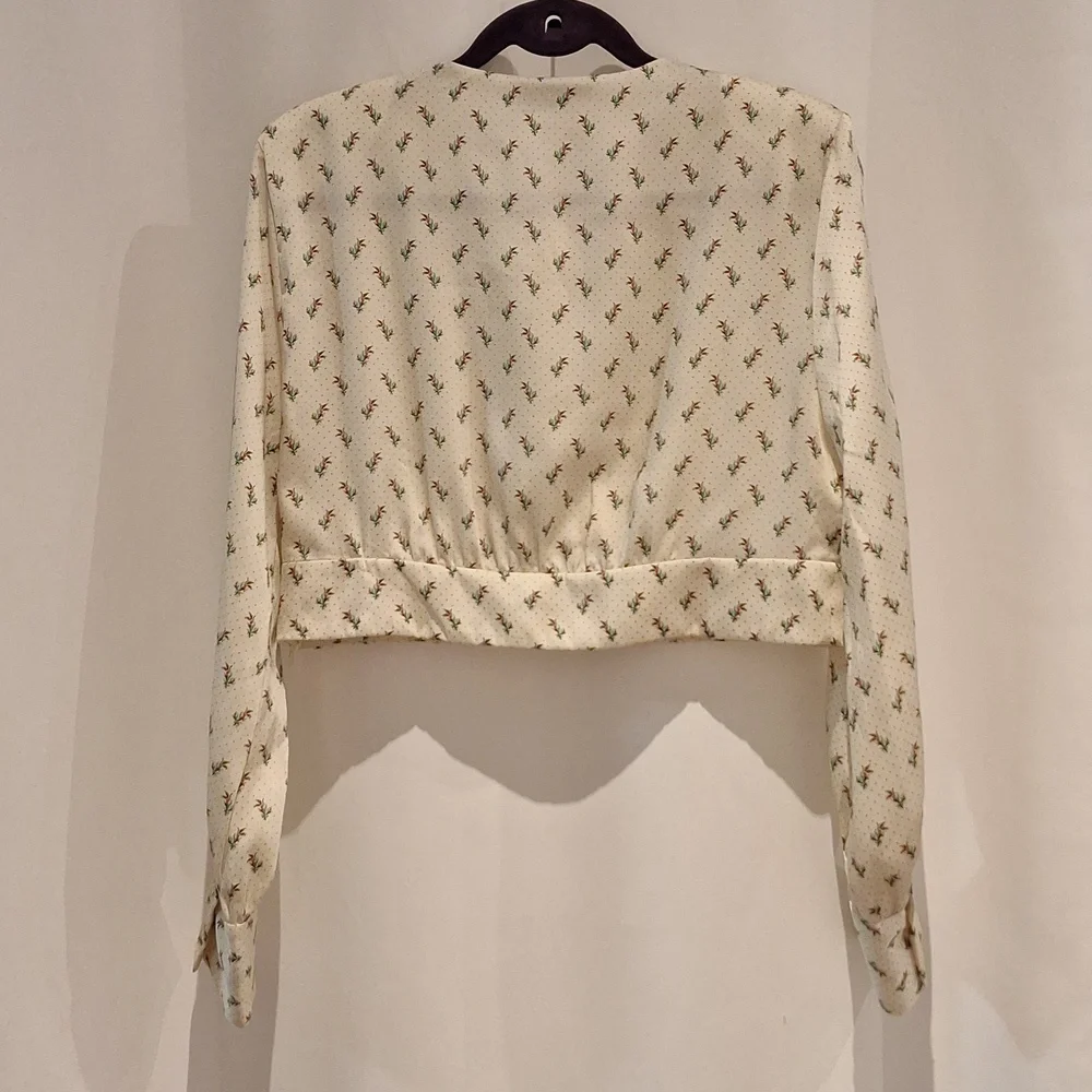 Zara Satin Cropped Cream Floral Blouse Size XL